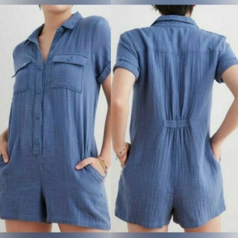 Aerie - Collared Softest Utility Relaxed Romper | Small | Marble Blue - Picture 2 of 6